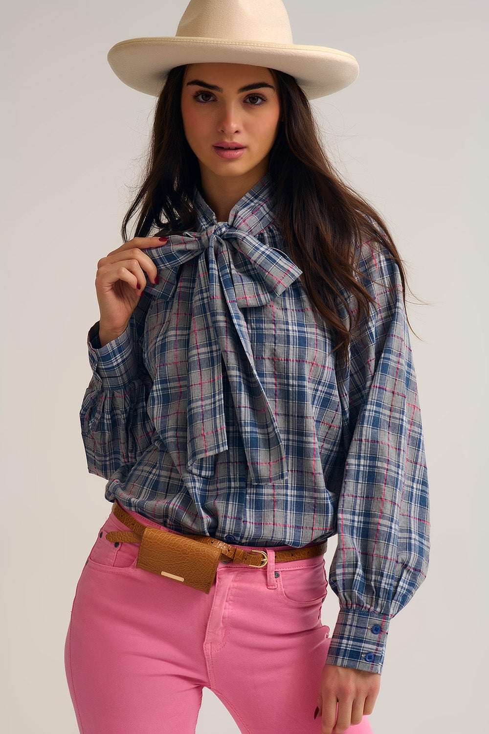 Blue blouse with check print and bow detail at the neck - Blouses