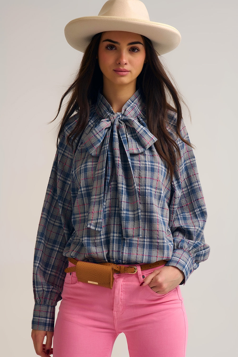 Blue blouse with check print and bow detail at the neck - Blouses
