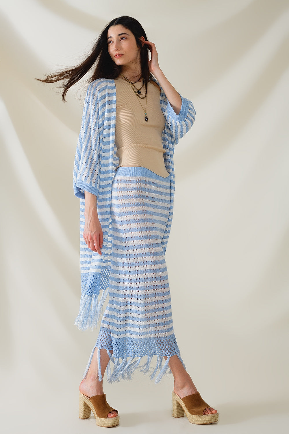 Blue Boho Style Cardigan With Stripes Pointelle Knit and Fringe Details - Cardigans