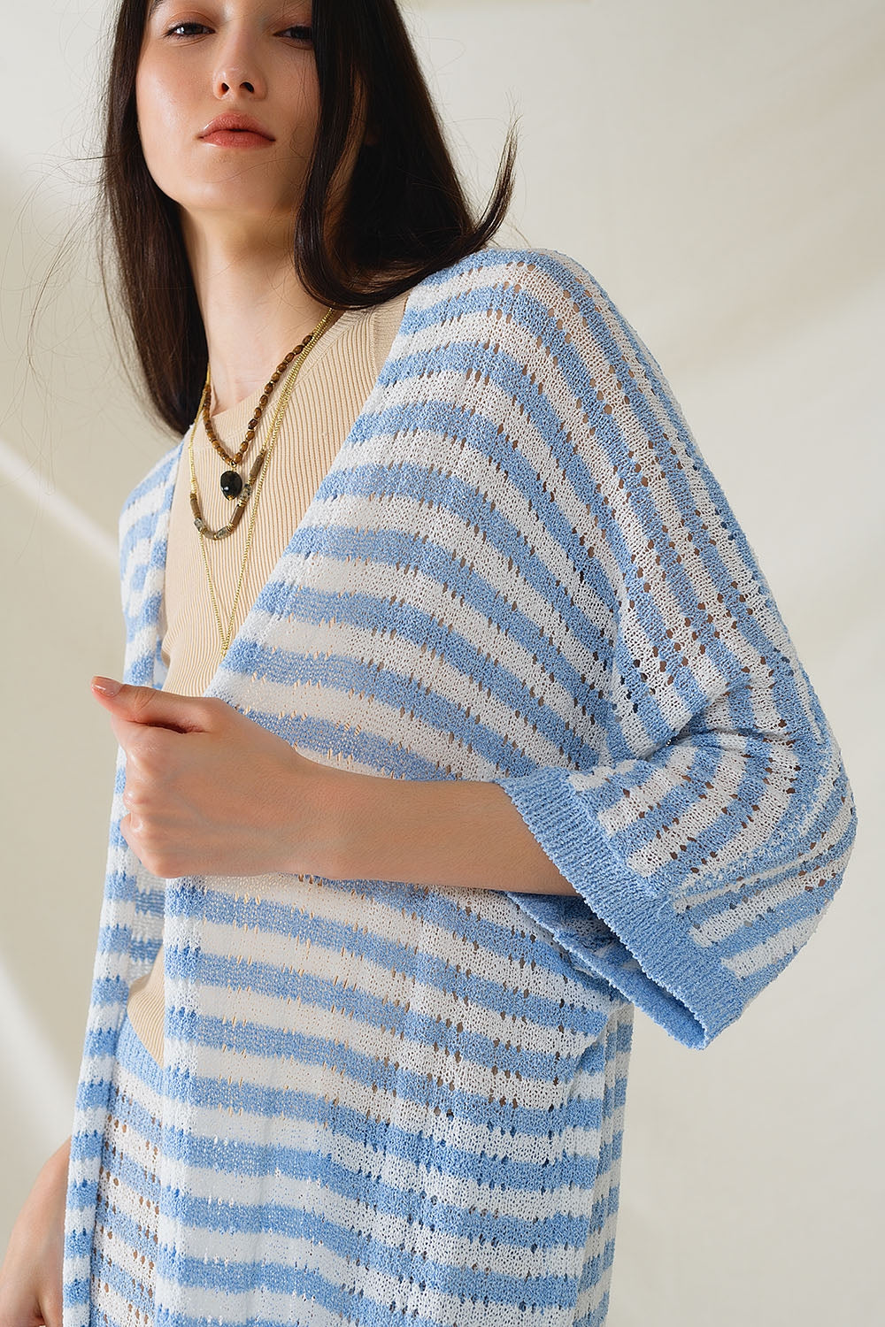 Blue Boho Style Cardigan With Stripes Pointelle Knit and Fringe Details - Cardigans