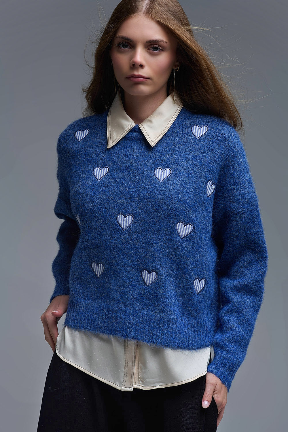 Blue Crew Neck Sweater With Striped Hearts - Sweaters