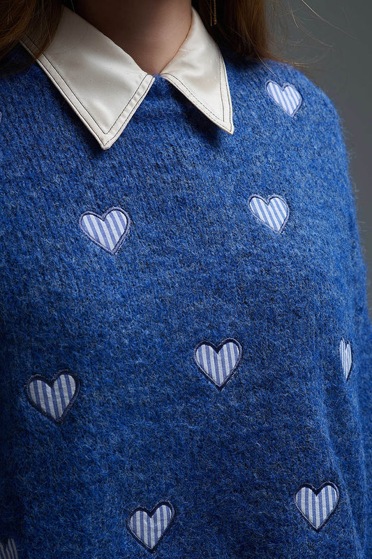 Blue Crew Neck Sweater With Striped Hearts - Sweaters