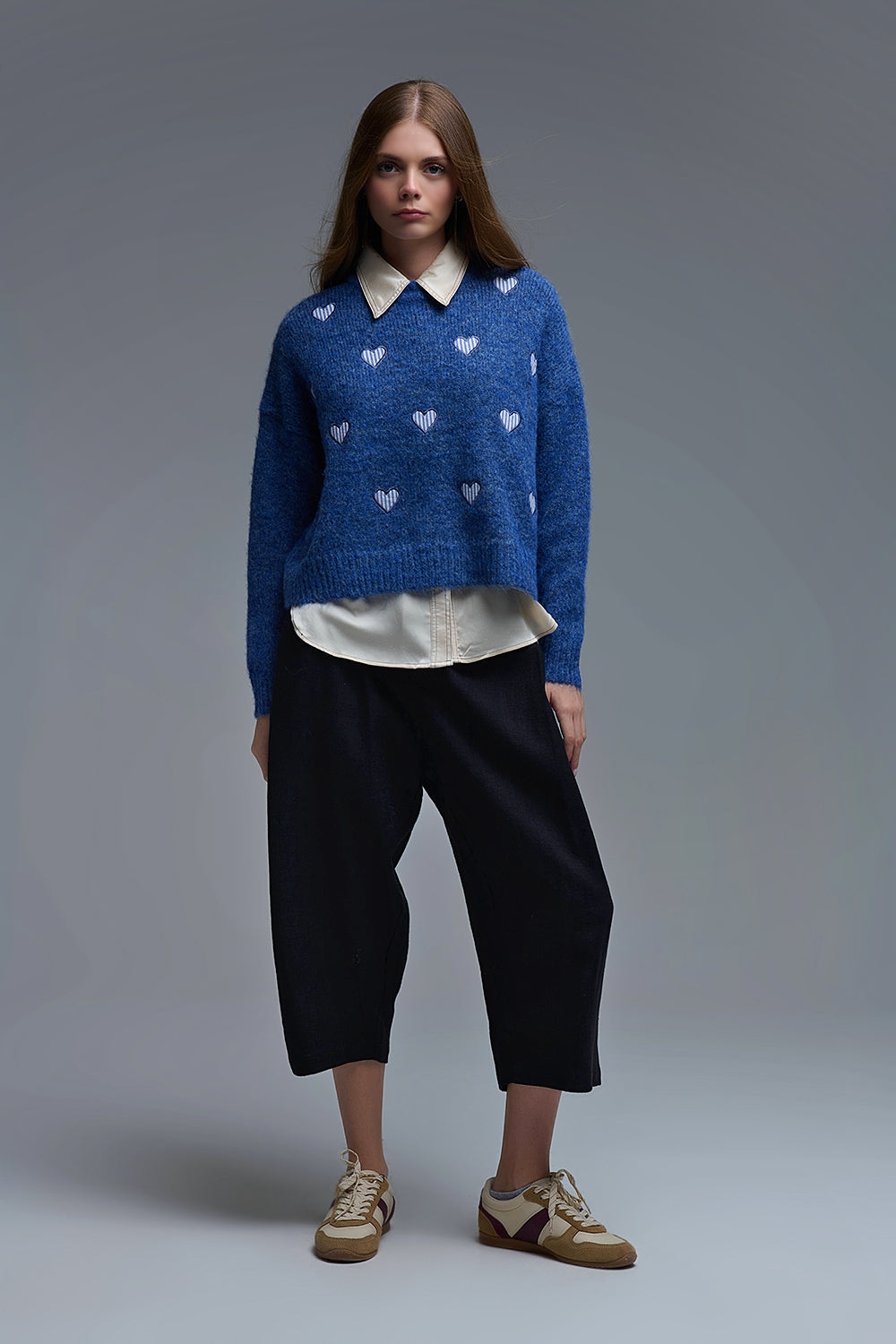 Blue Crew Neck Sweater With Striped Hearts - Sweaters