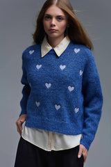 Blue Crew Neck Sweater With Striped Hearts