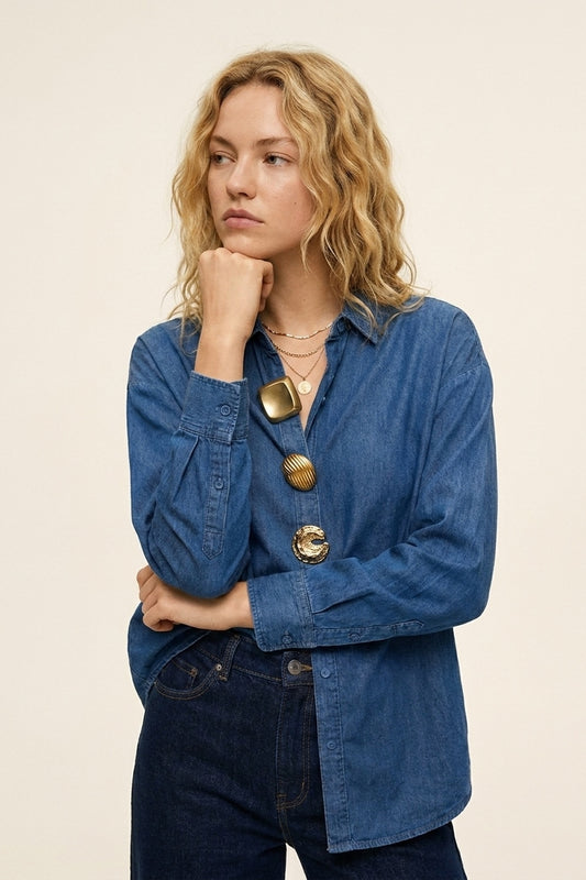 Blue Denim Oversize Shirt with Statement gold Buttons - Shirts