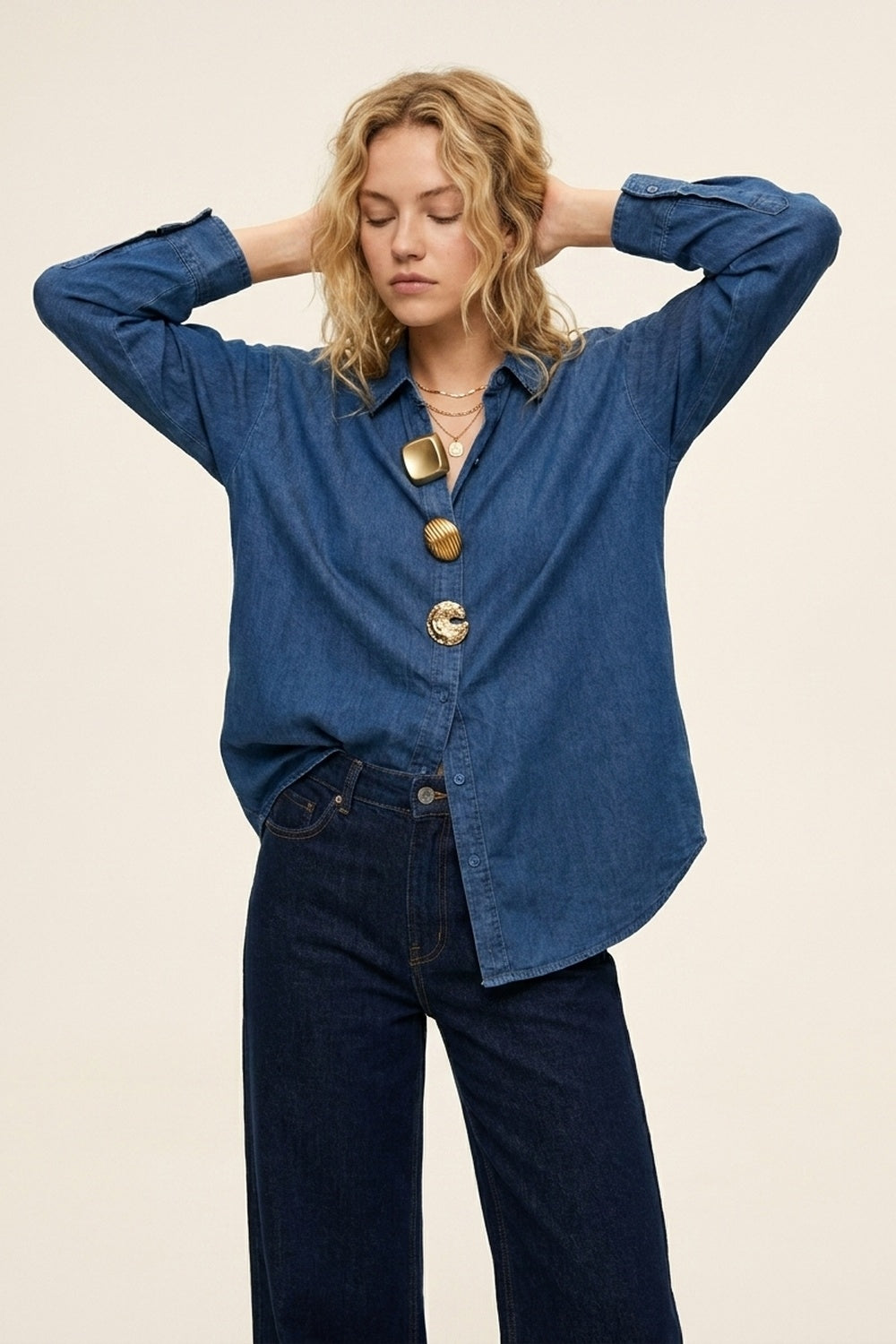 Blue Denim Oversize Shirt with Statement gold Buttons - Shirts