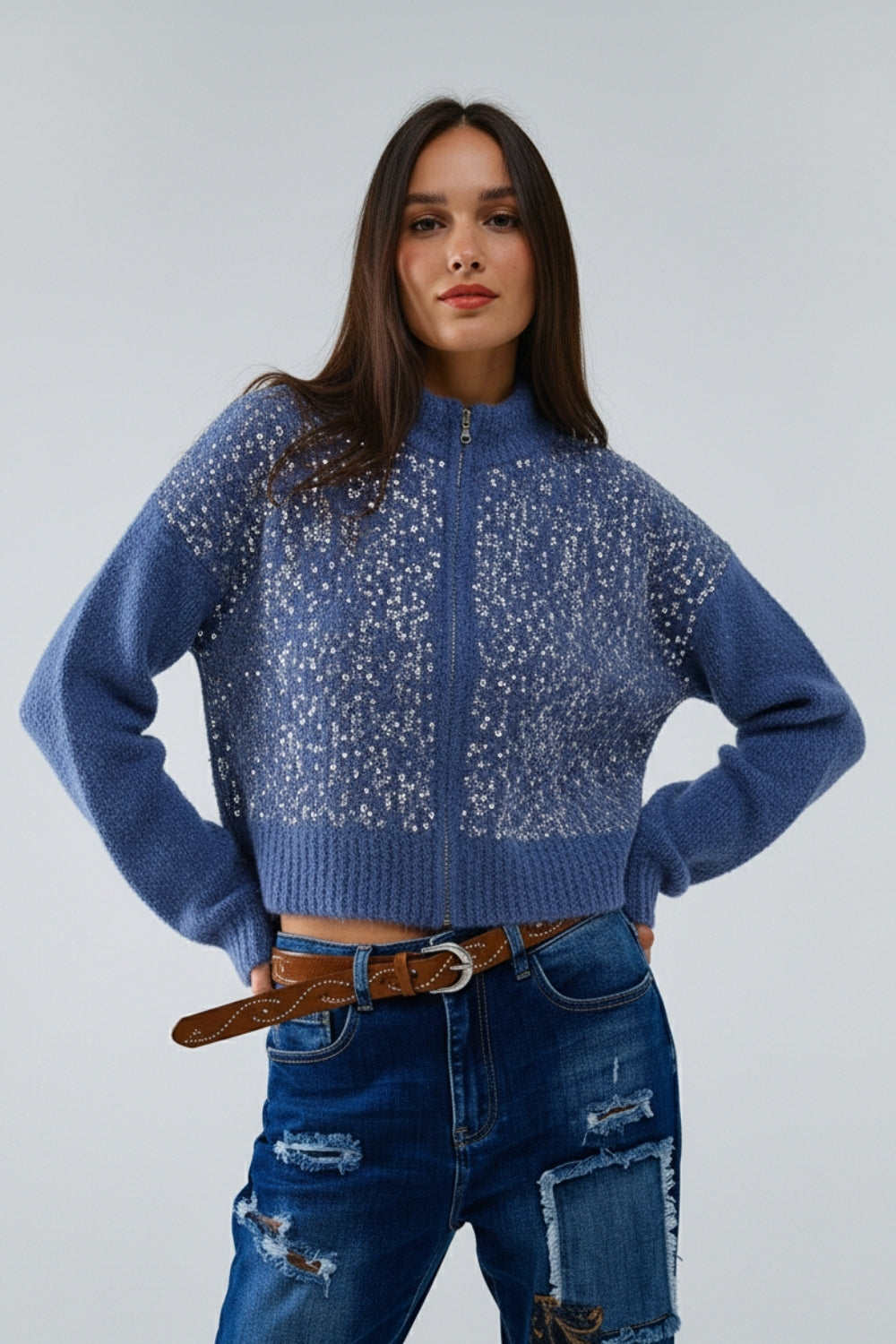 Blue fluffy knit cardigan with sequins and zipper closure - Cardigans