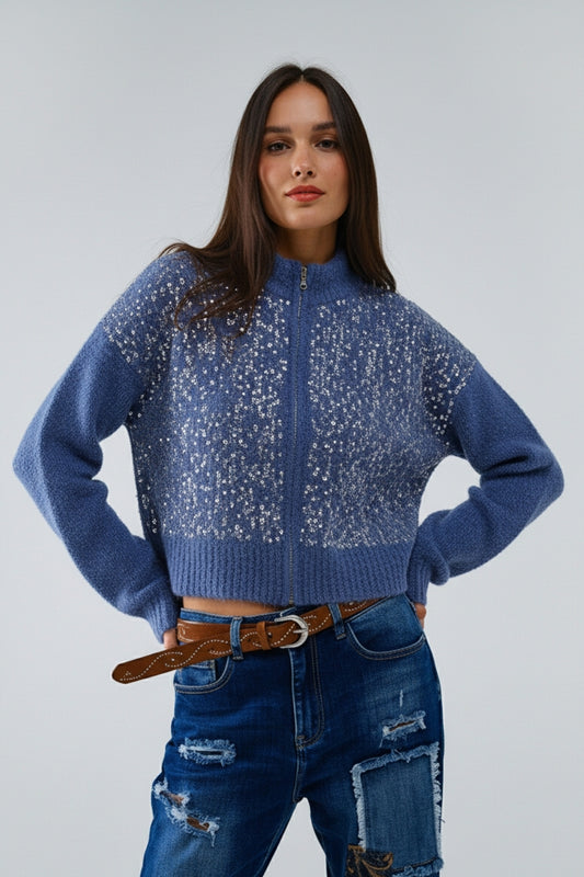 Blue fluffy knit cardigan with sequins and zipper closure - Cardigans