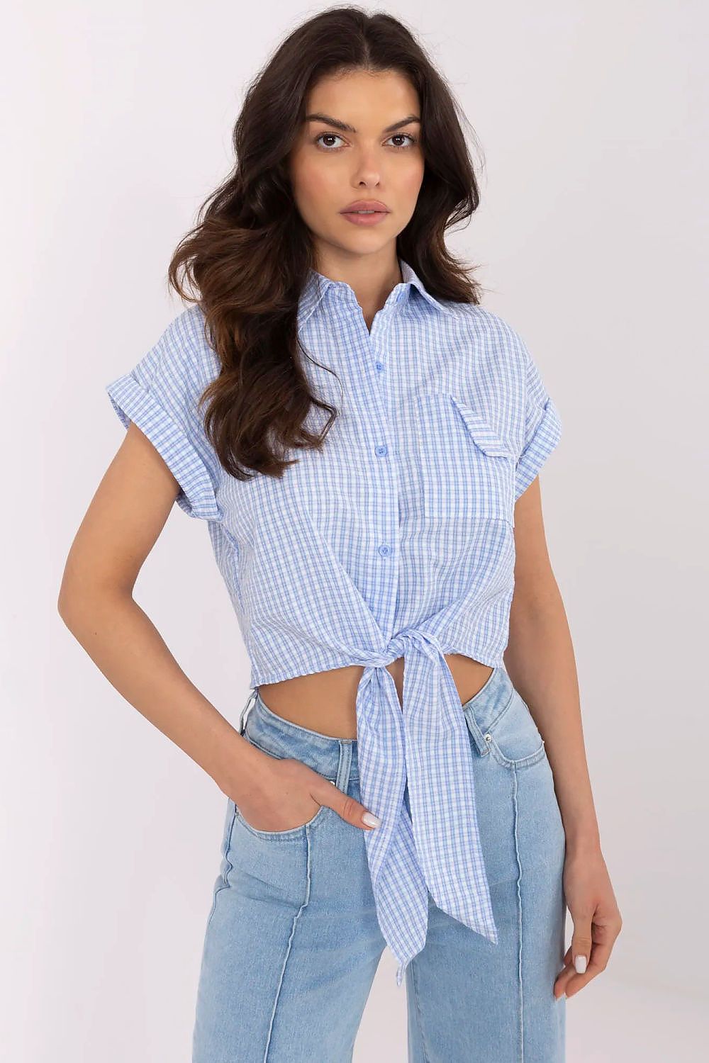 Blusa curta xadrez azul com atilhos à frente