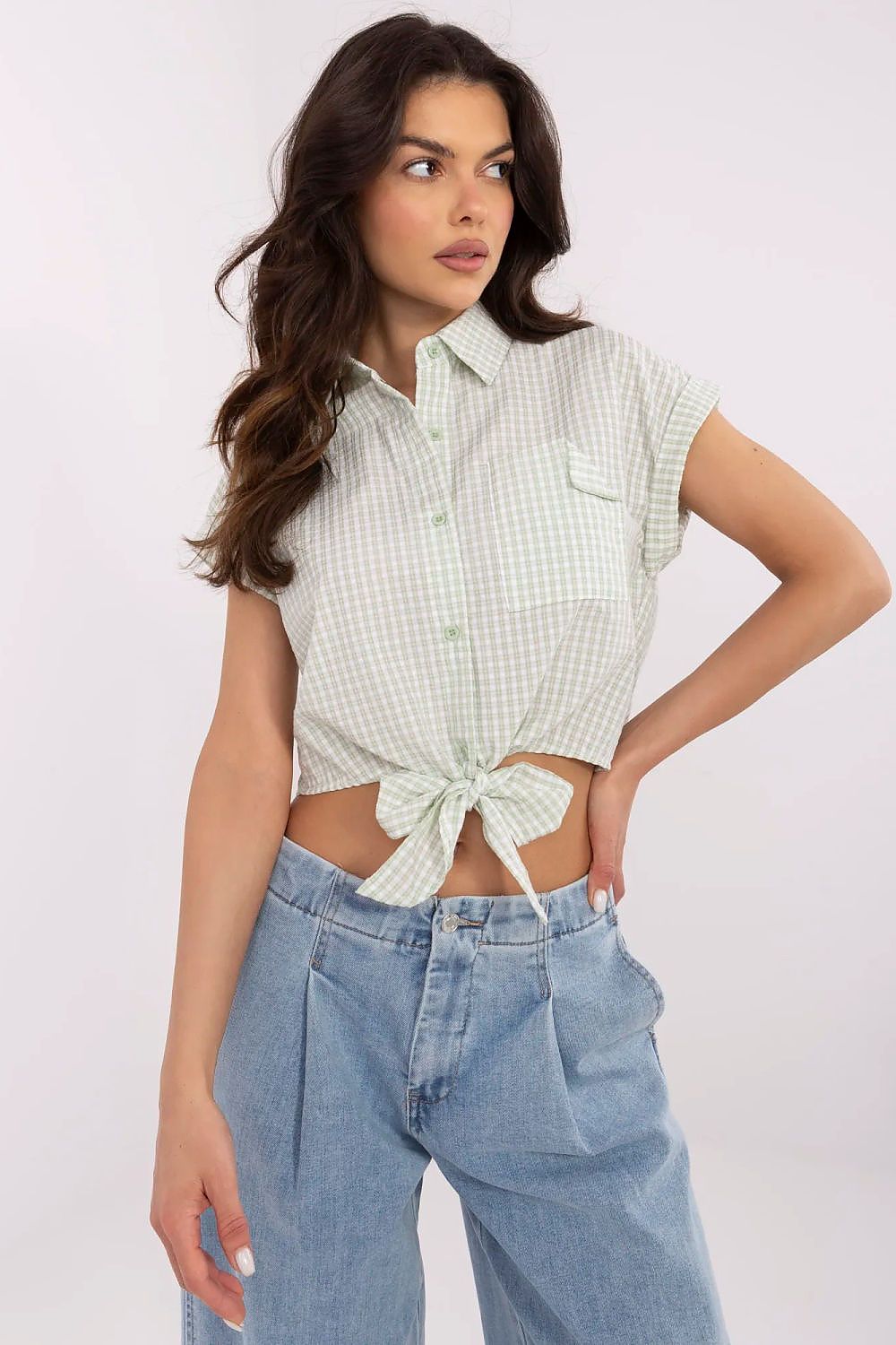 Blue Gingham Tie-Front Crop Shirt Top green - Crop Tops