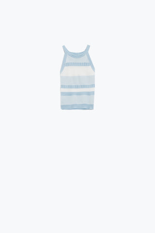 Regata Halter Azul com Riscas em Diferentes Tricôs