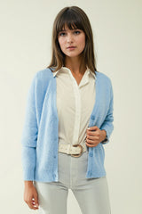 Blue knit cardigan with wide V-neck and button closure