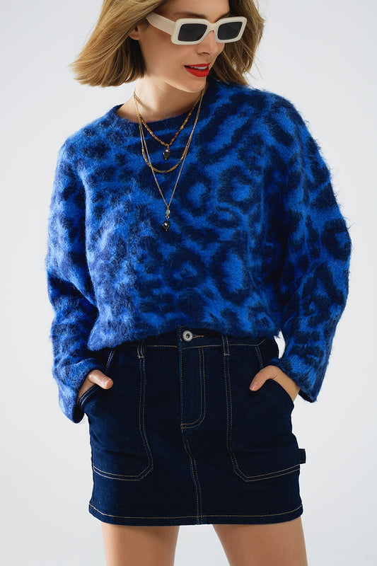 Blue Leopard print sweater made of knitted fabric with wool - Jumpers