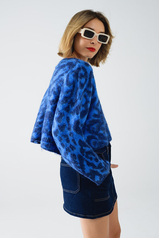 Blue Leopard print sweater made of knitted fabric with wool - Jumpers