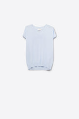blue lightweight knit V-neck sweater with short sleeves
