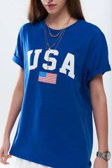 T-shirt long bleu ample avec logo USA