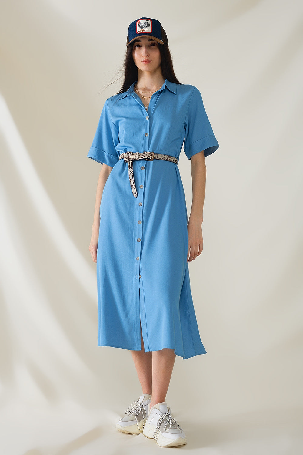 Blue Maxi Shirt Dress With Polo Collar - Dresses