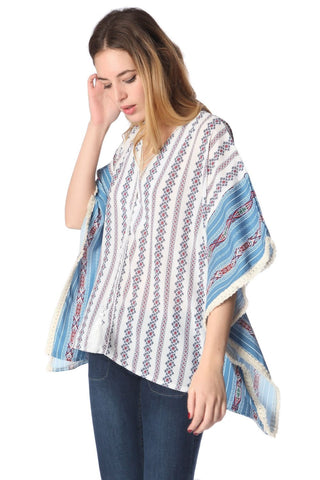 Haut poncho bleu oversize à imprimé tribal