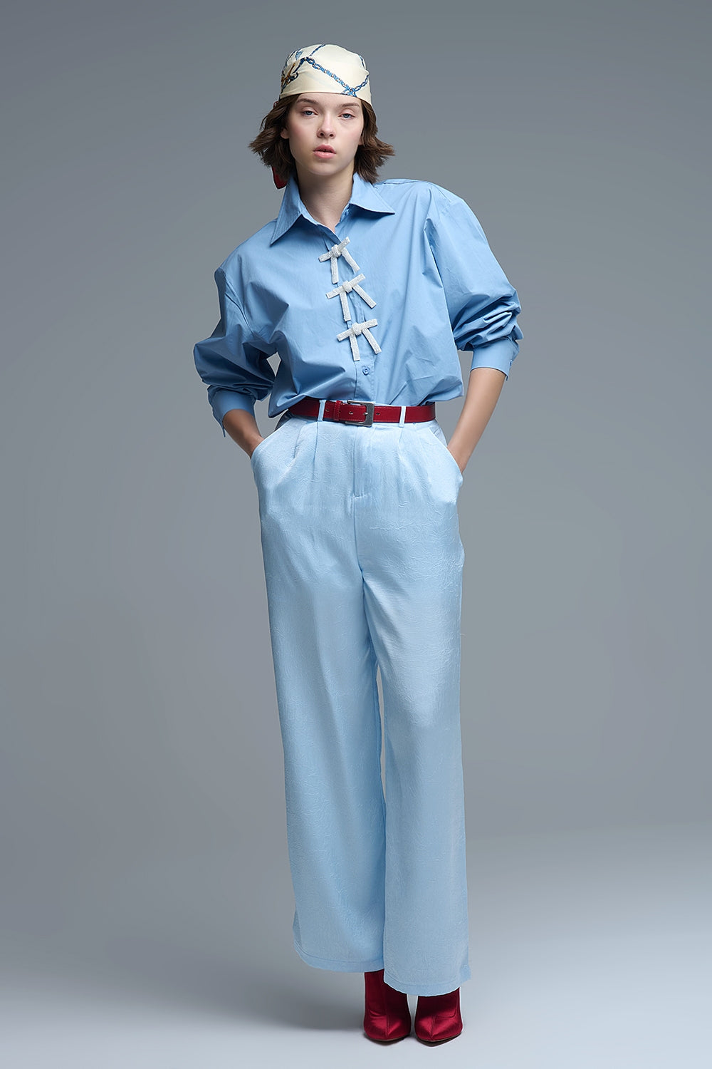 Blue Oversized Poplin Shirt With White Beaded Bow Buttons - Shirts