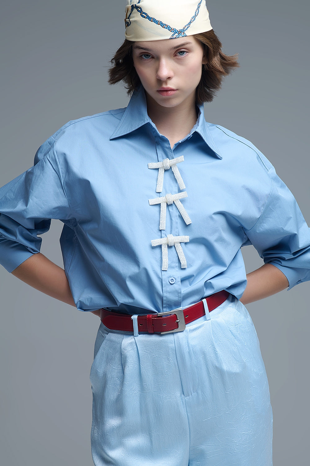 Blue Oversized Poplin Shirt With White Beaded Bow Buttons - Shirts