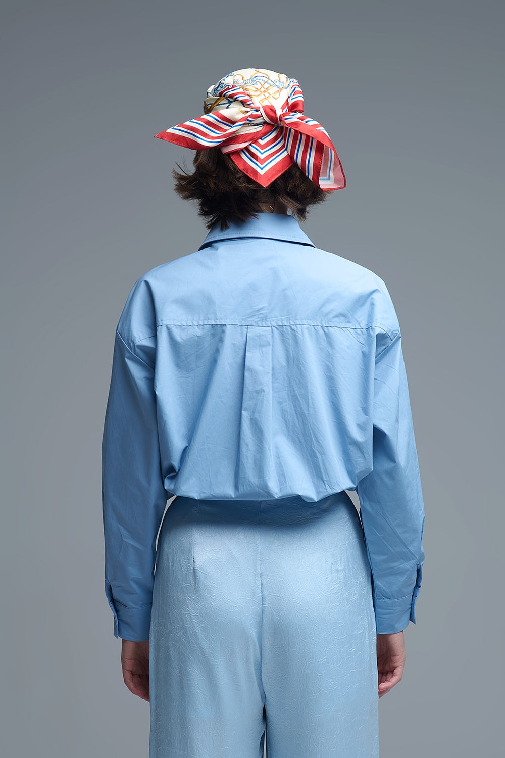 Blue Oversized Poplin Shirt With White Beaded Bow Buttons - Shirts