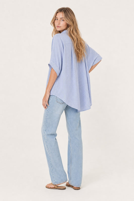 Blue Oversized Striped Poplin Shirt with Starfish Buttons - Shirts