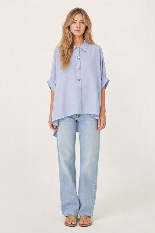 Blue Oversized Striped Poplin Shirt with Starfish Buttons - Shirts