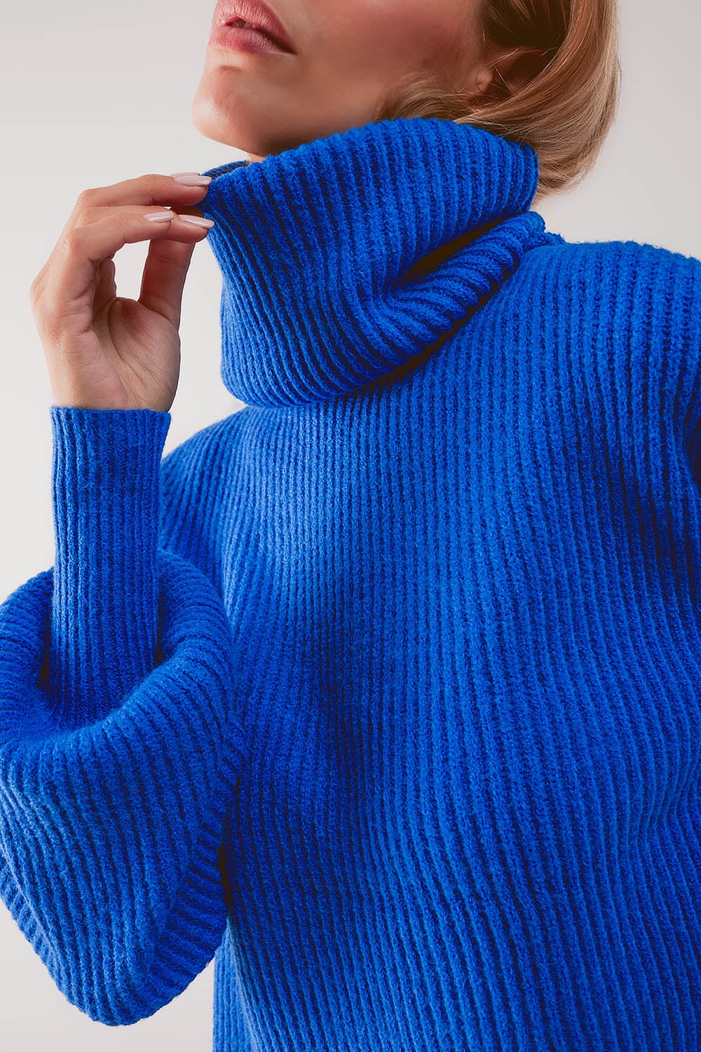 Blue ribbed knit turtleneck jumper with balloon sleeves - Jumpers