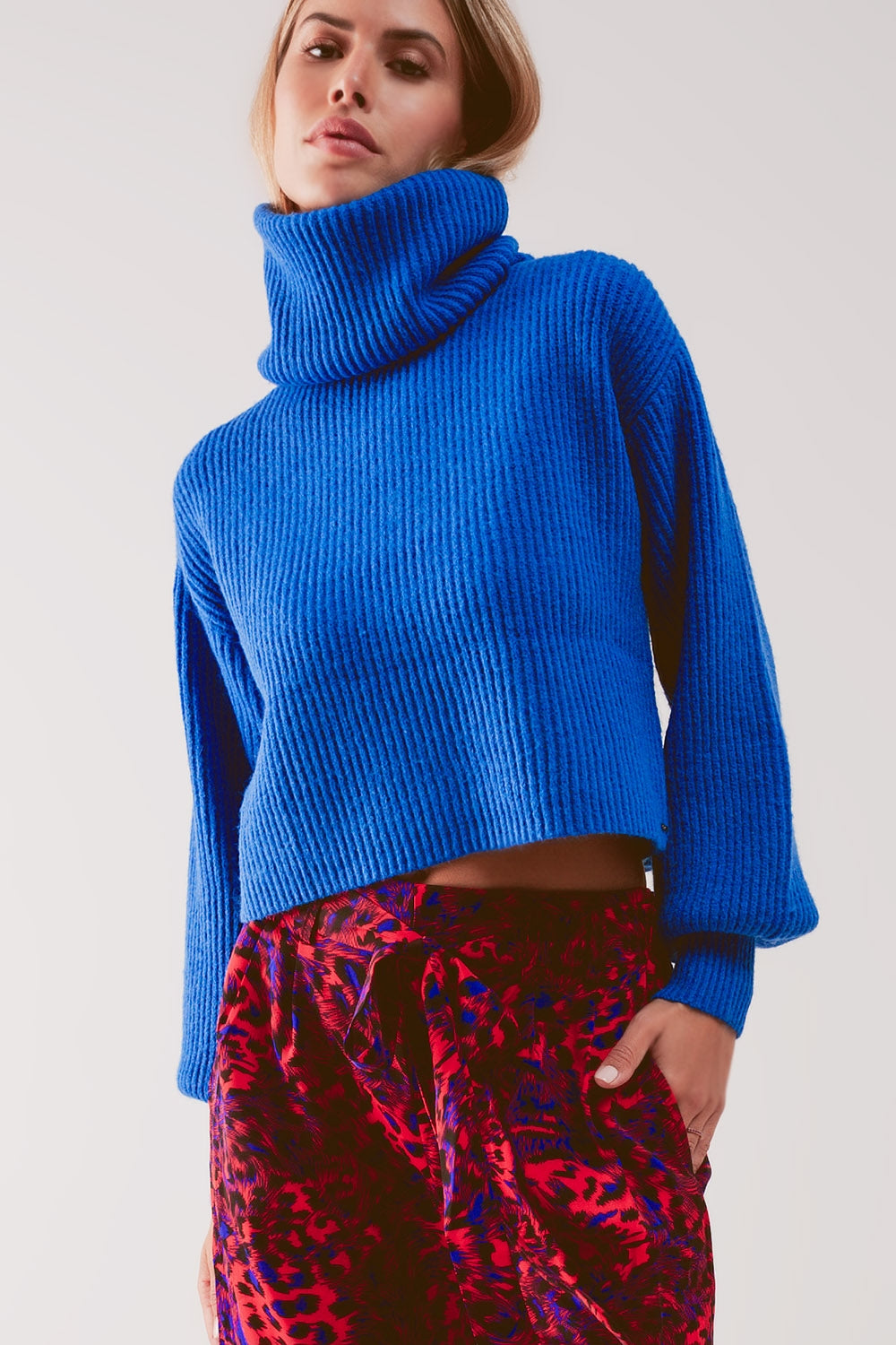 Blue ribbed knit turtleneck jumper with balloon sleeves - Jumpers