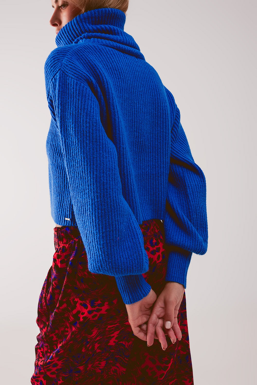 Blue ribbed knit turtleneck jumper with balloon sleeves - Jumpers