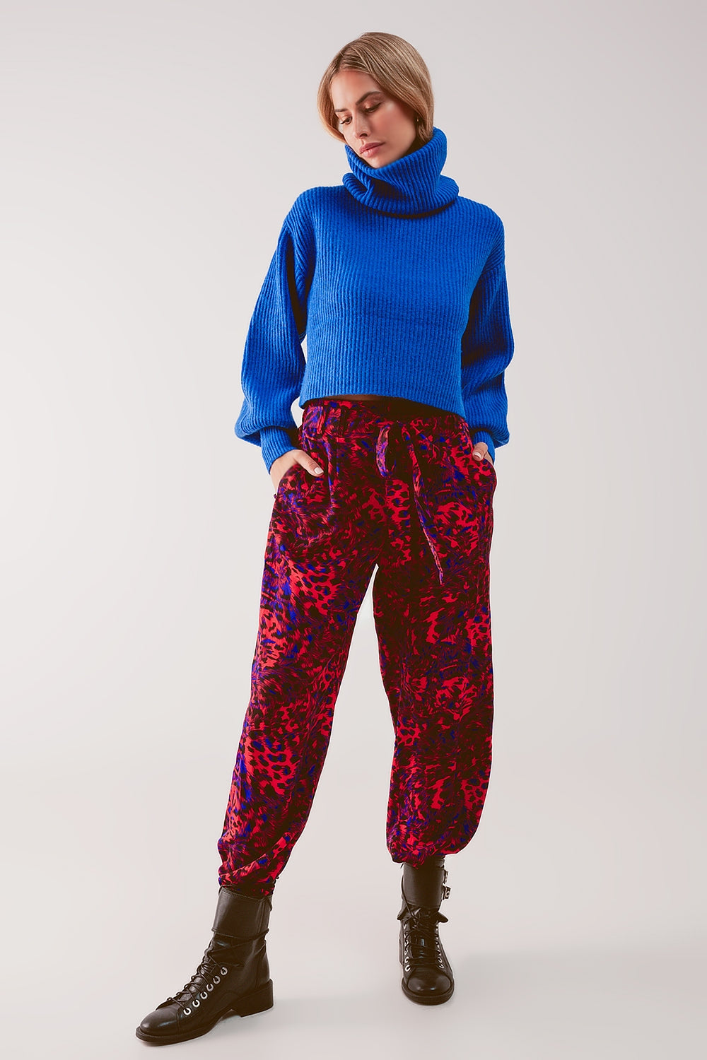 Blue ribbed knit turtleneck jumper with balloon sleeves - Jumpers
