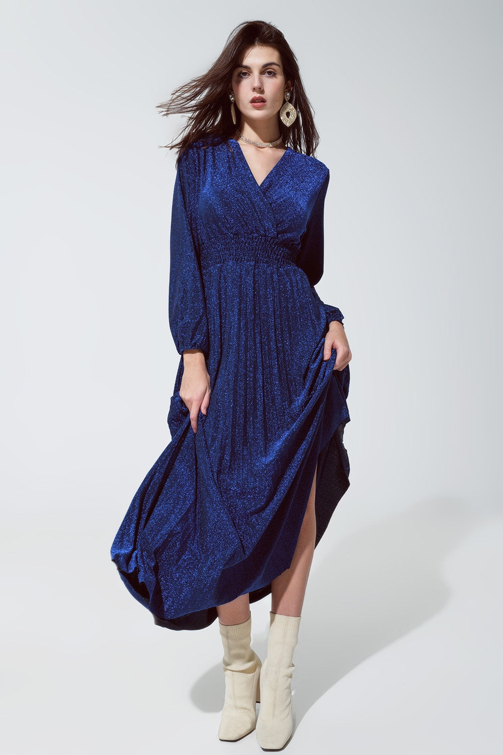 Blue shiny fitted high waist maxi dress with V neck - Dresses