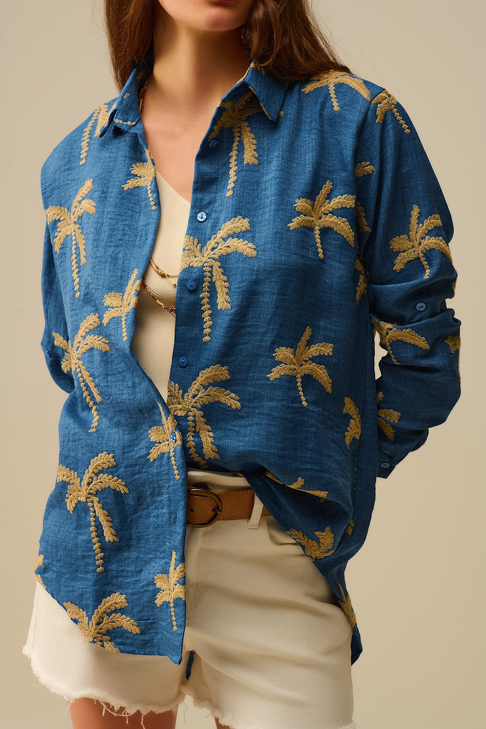 Blue Shirt with beige Palm Tree Embroidery - Shirts