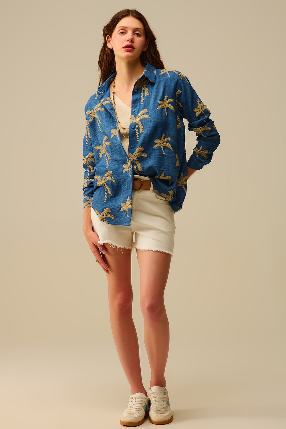 Blue Shirt with beige Palm Tree Embroidery - Shirts
