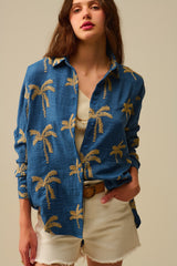 Blue Shirt with beige Palm Tree Embroidery