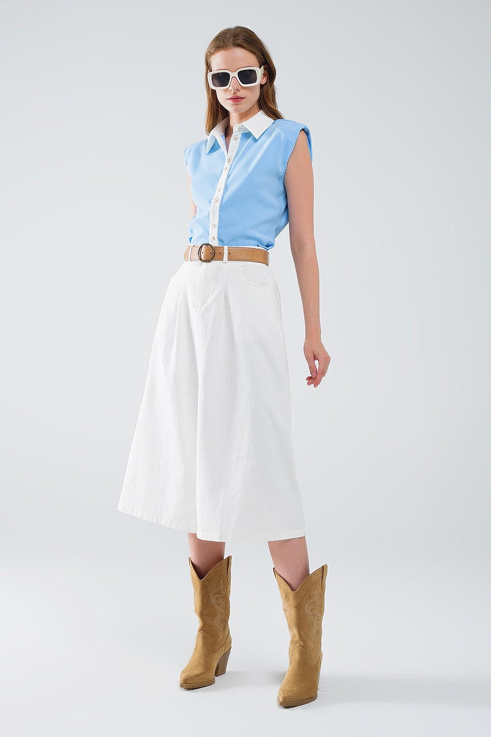 Blue Shirt With White Seams And Button Up Closing - Shirts