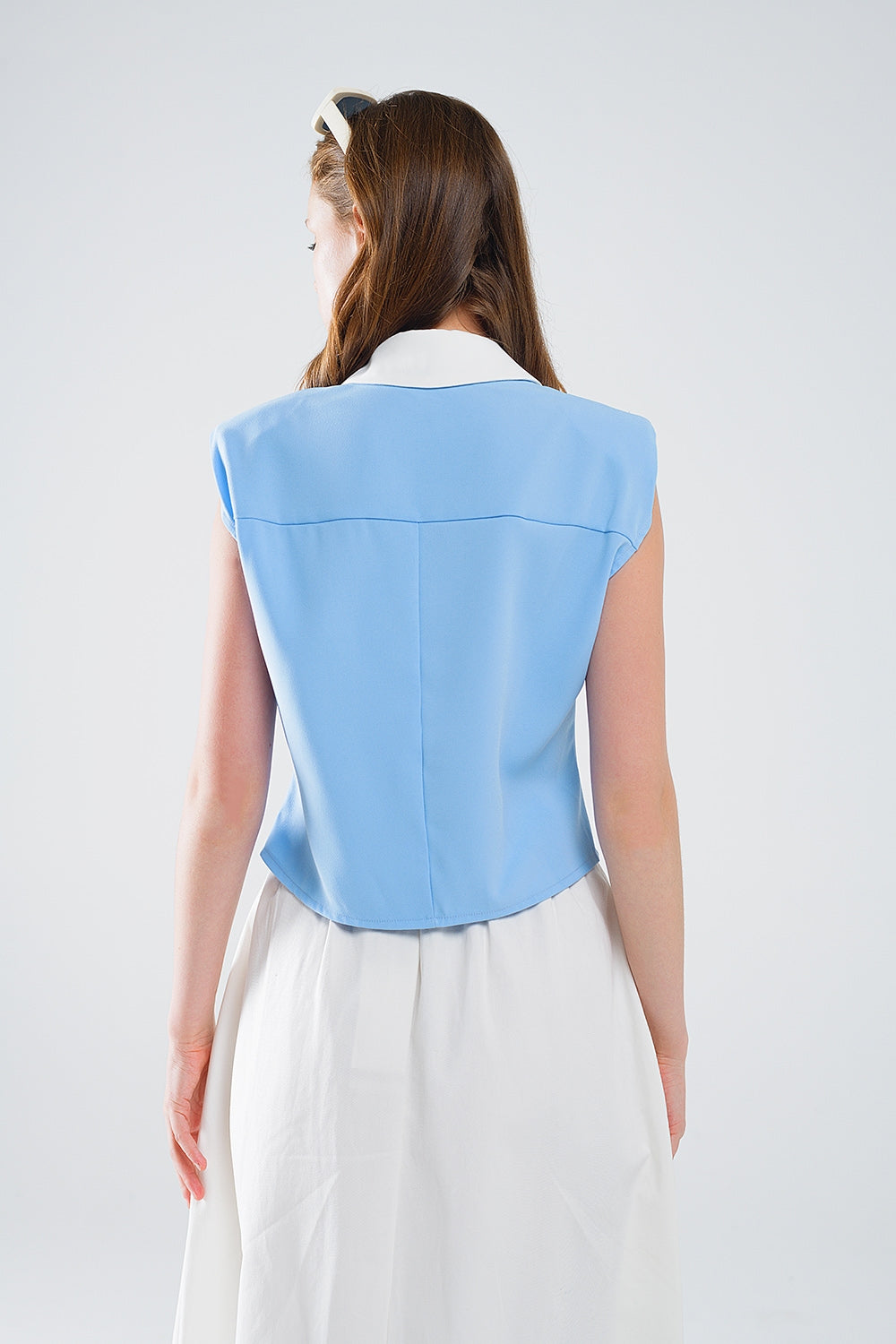 Blue Shirt With White Seams And Button Up Closing - Shirts