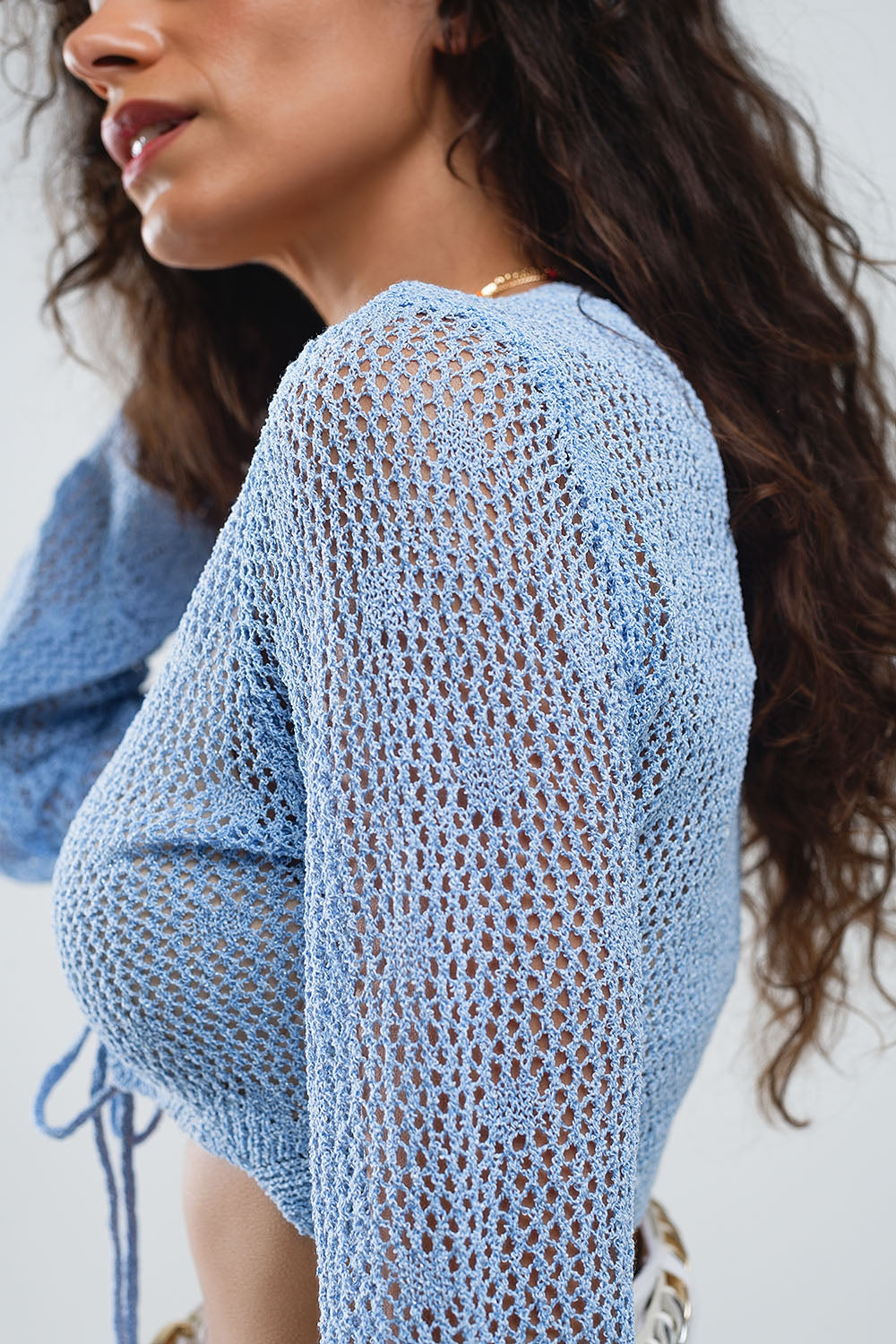 Blue short crochet cardigan with lurex detail - Cardigans