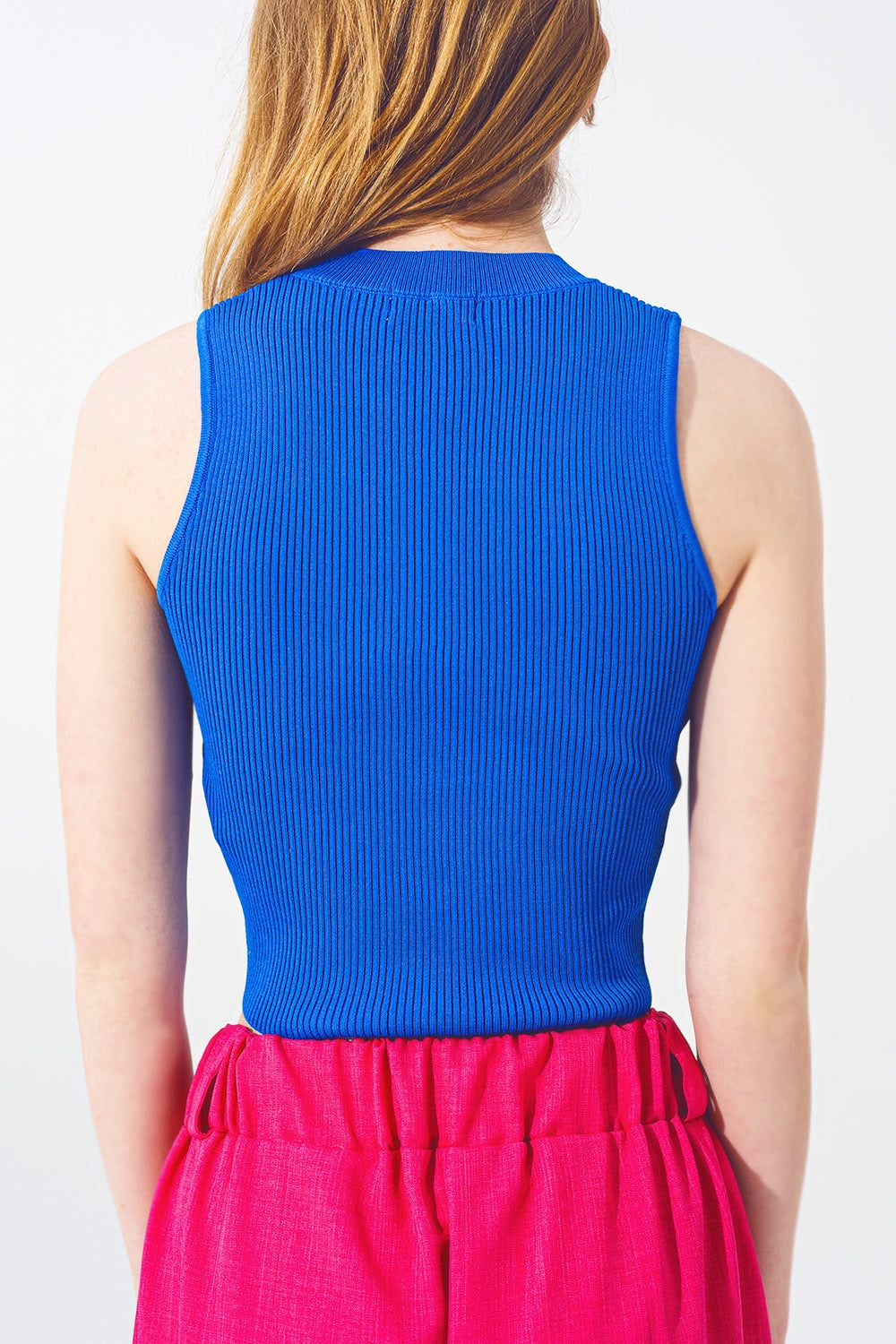 Blue Sleeveless Cropped Thin Sweater - Tops