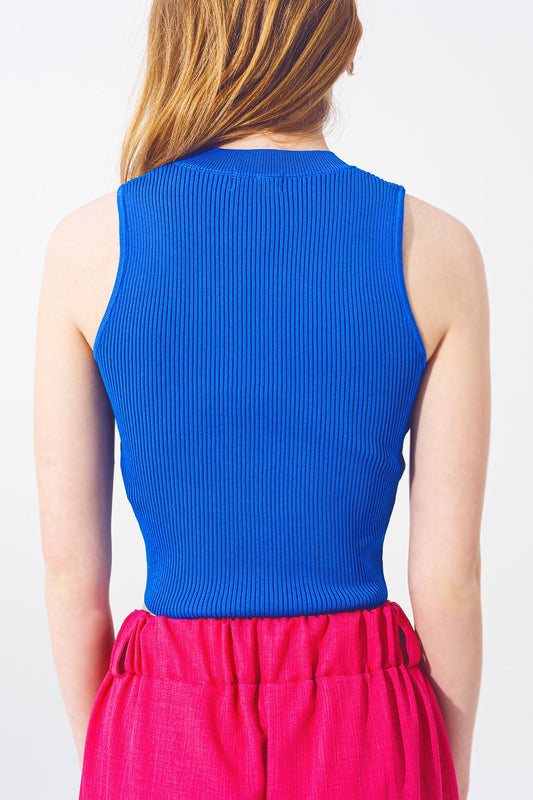 Blue Sleeveless Cropped Thin Sweater - Tops