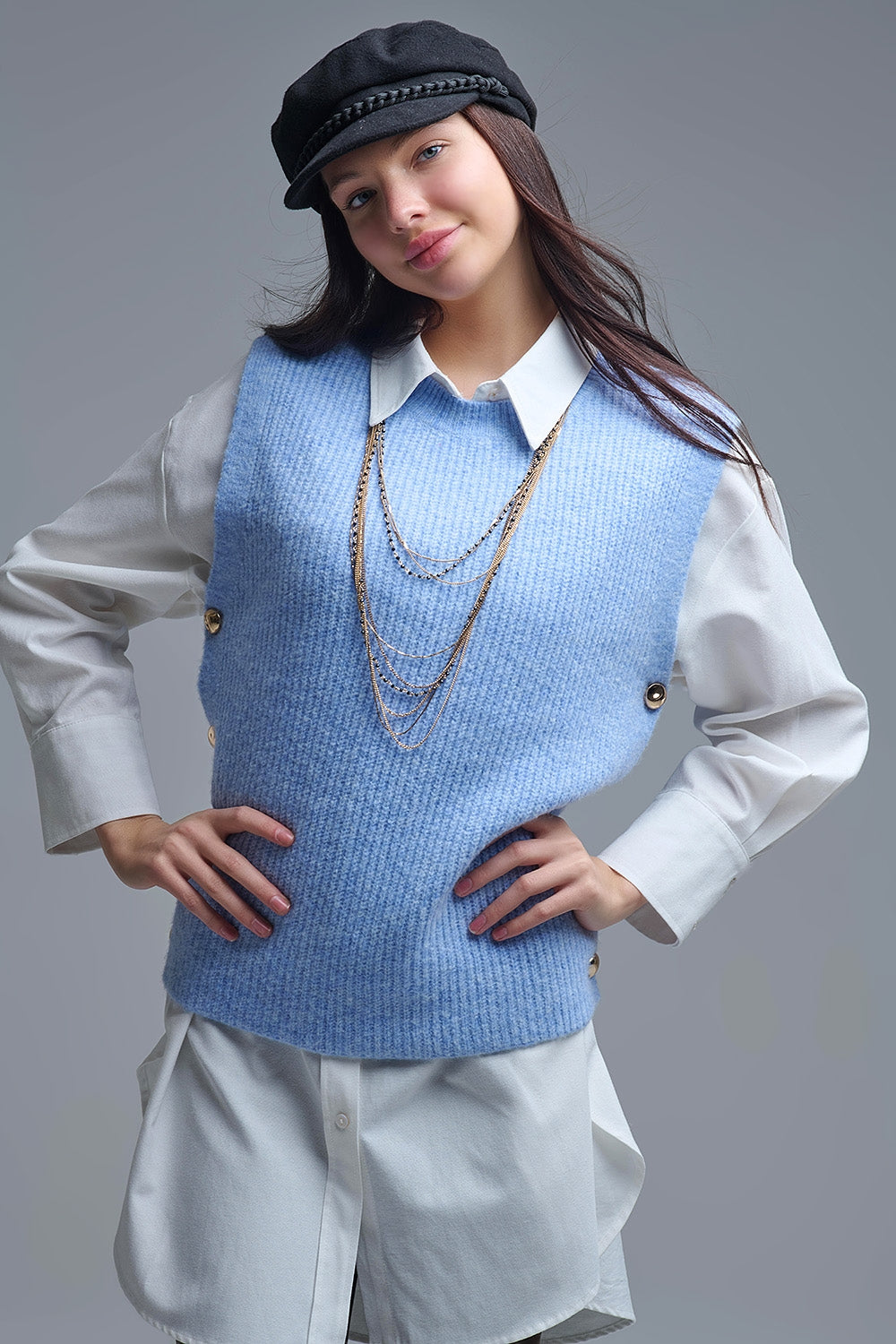 Blue sleeveless sweater with gold buttons on side - Sweaters