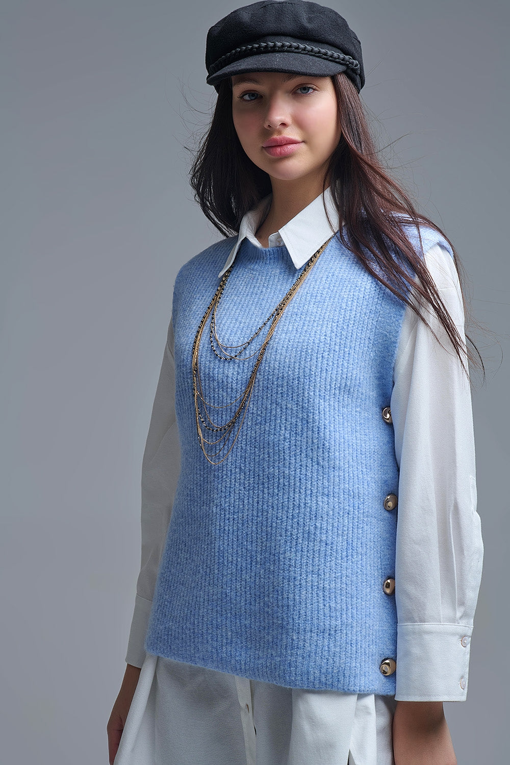 Blue sleeveless sweater with gold buttons on side - Sweaters