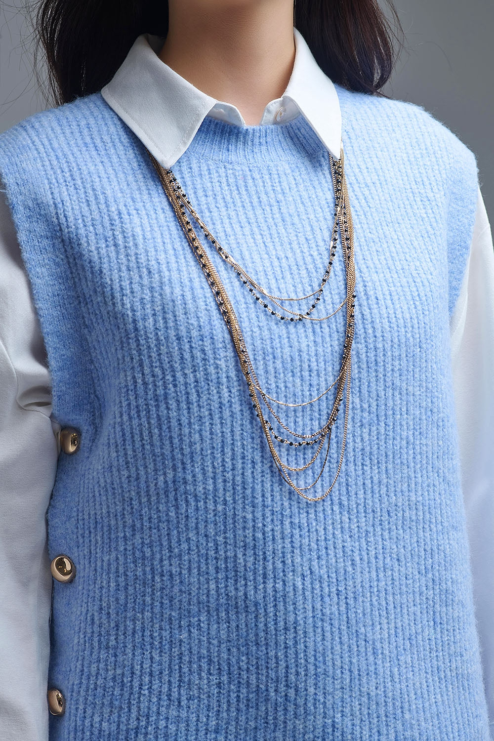 Blue sleeveless sweater with gold buttons on side - Sweaters