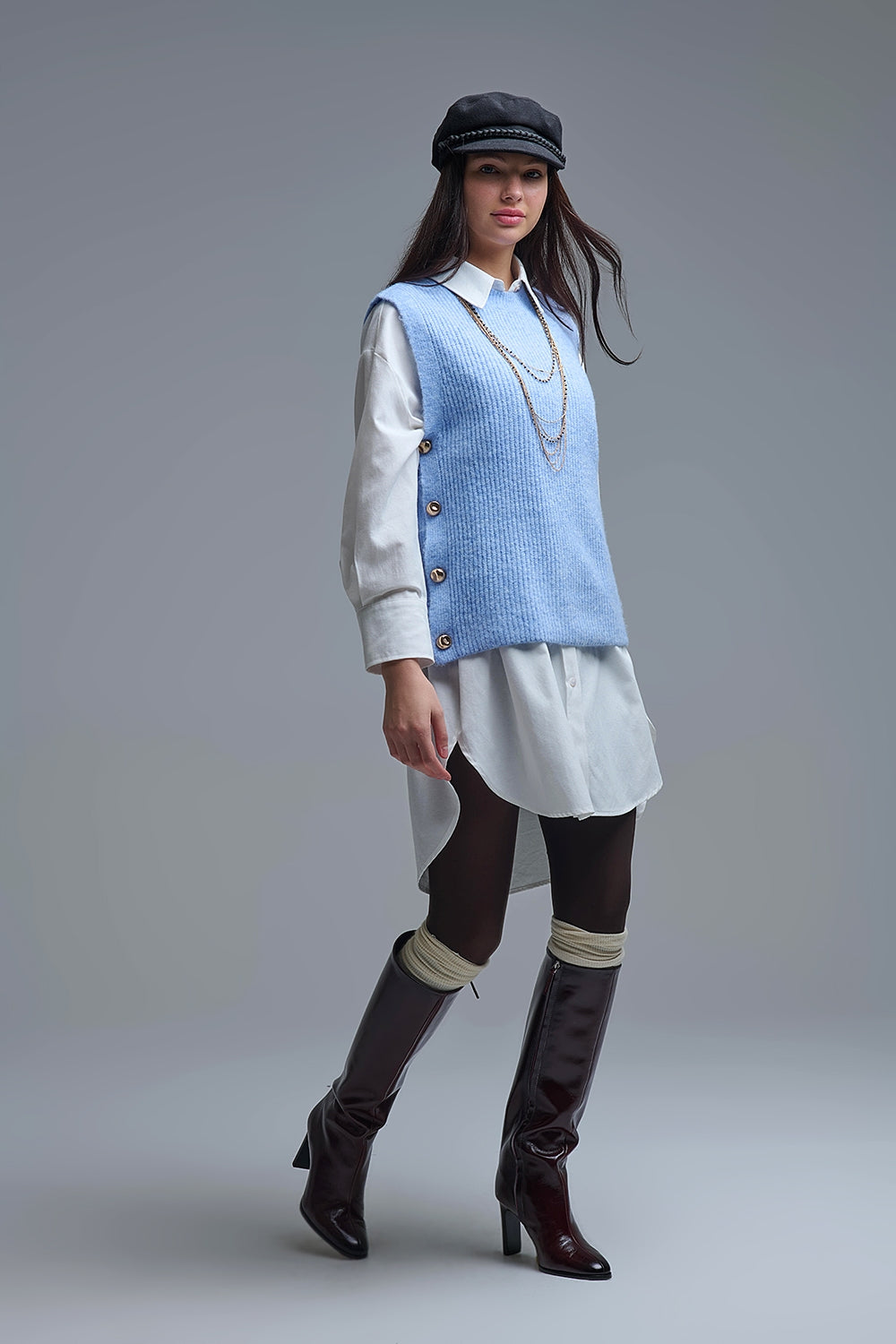 Blue sleeveless sweater with gold buttons on side - Sweaters