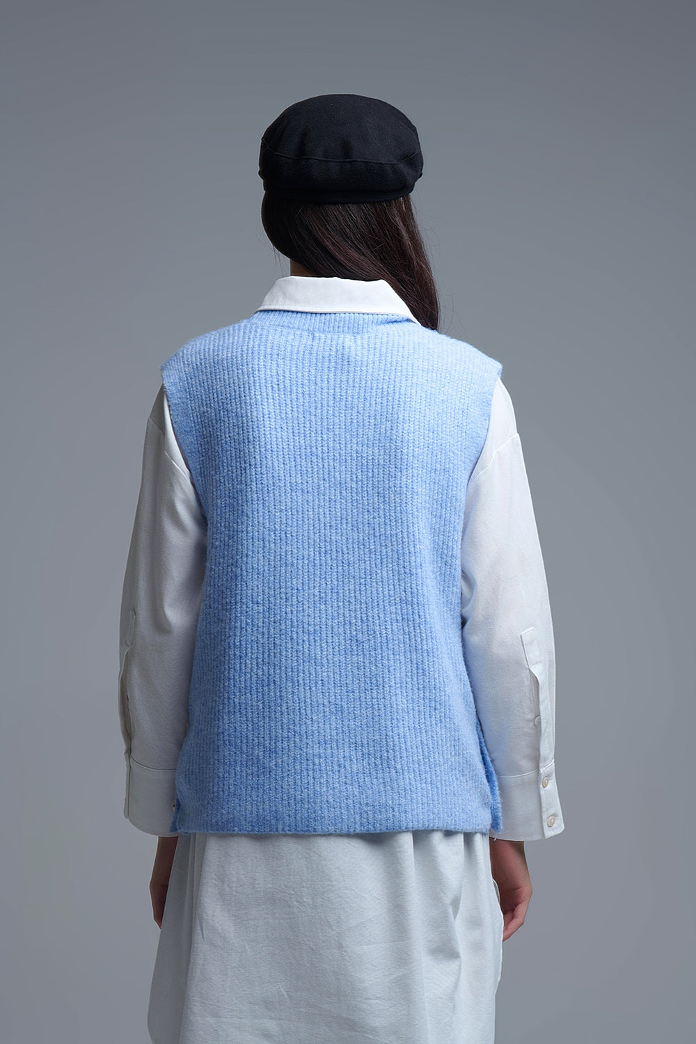 Blue sleeveless sweater with gold buttons on side - Sweaters