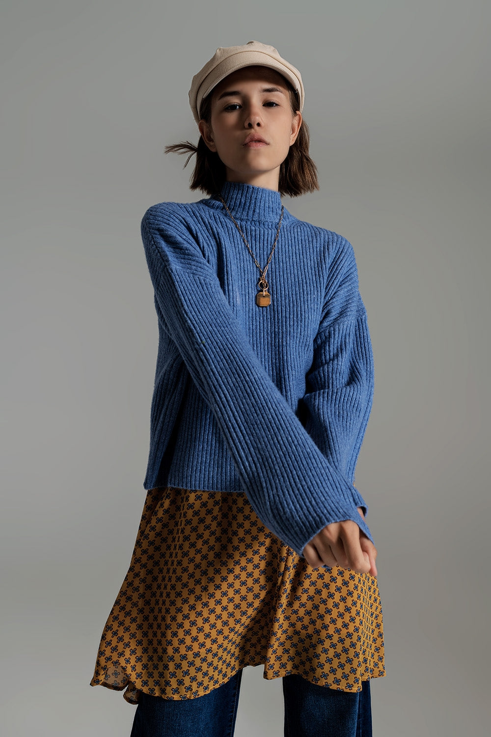 Blue soft ribbed turtleneck jumper - Jumpers