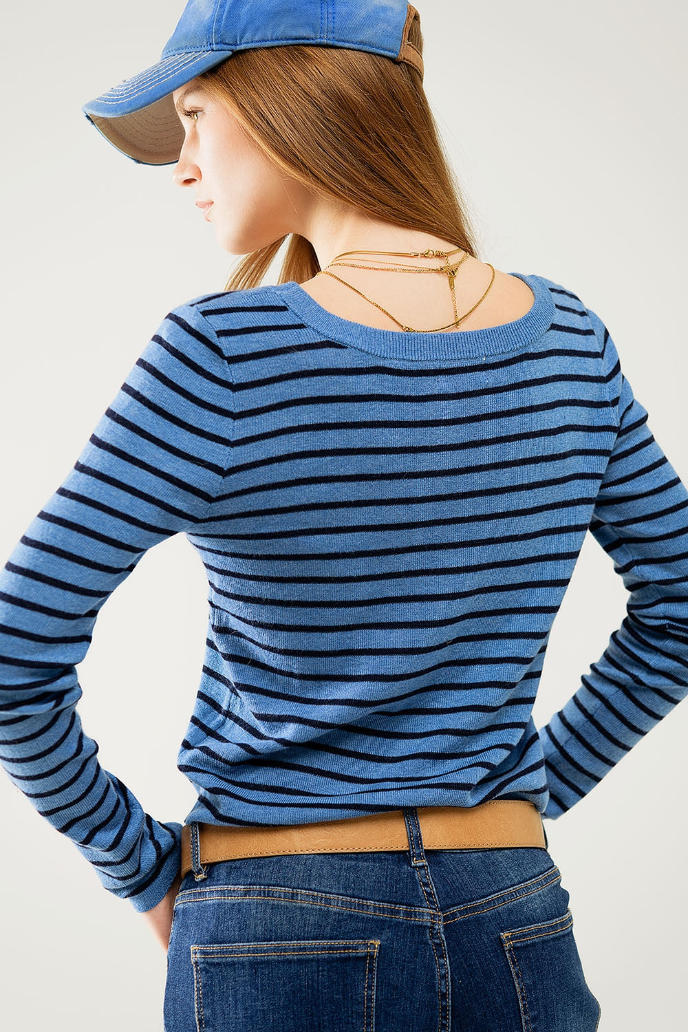 Blue striped fine knit sweater with boat neck - Jumpers