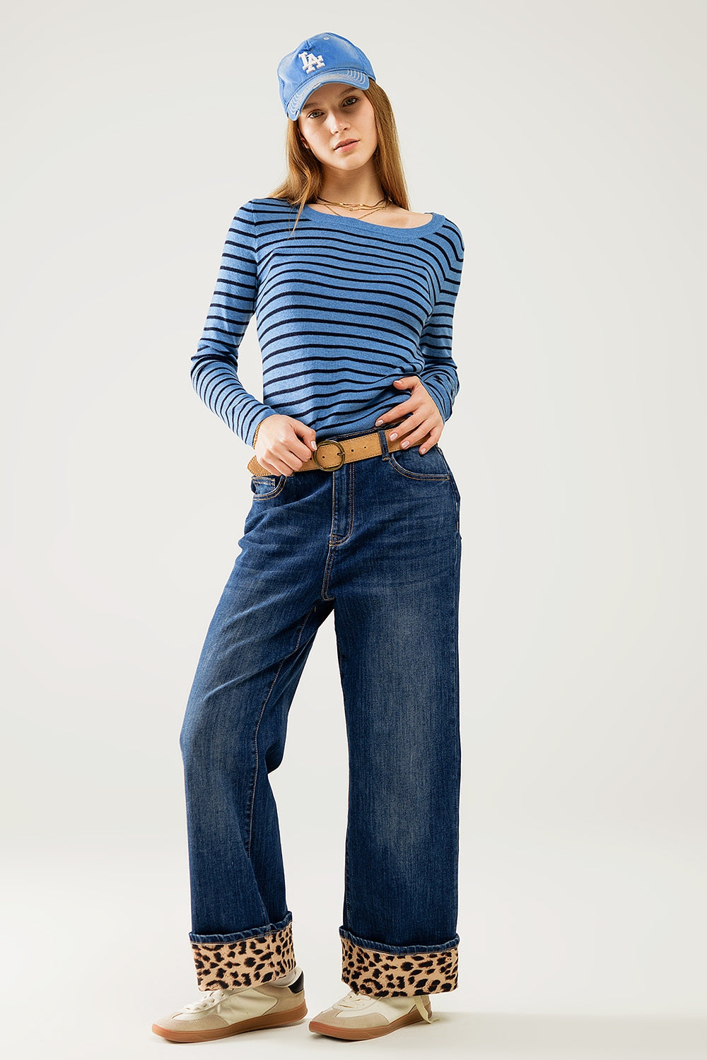Blue striped fine knit sweater with boat neck - Jumpers