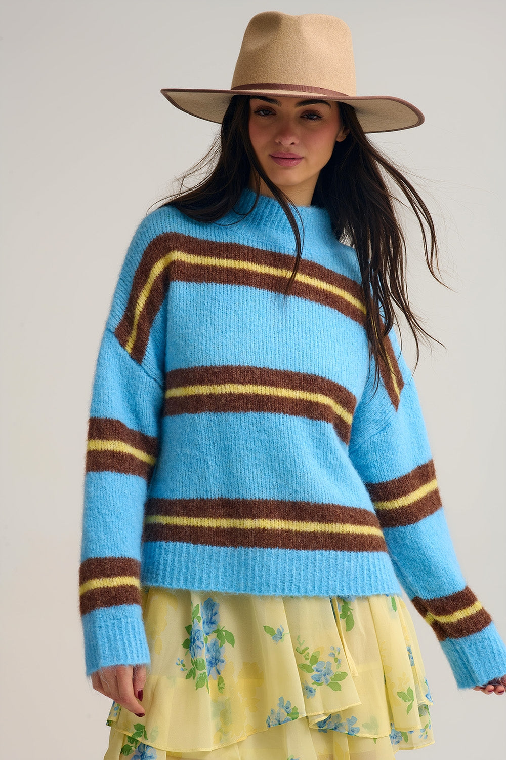 Blue Striped Knitted Sweater with Brown and Yellow Accents - Sweaters