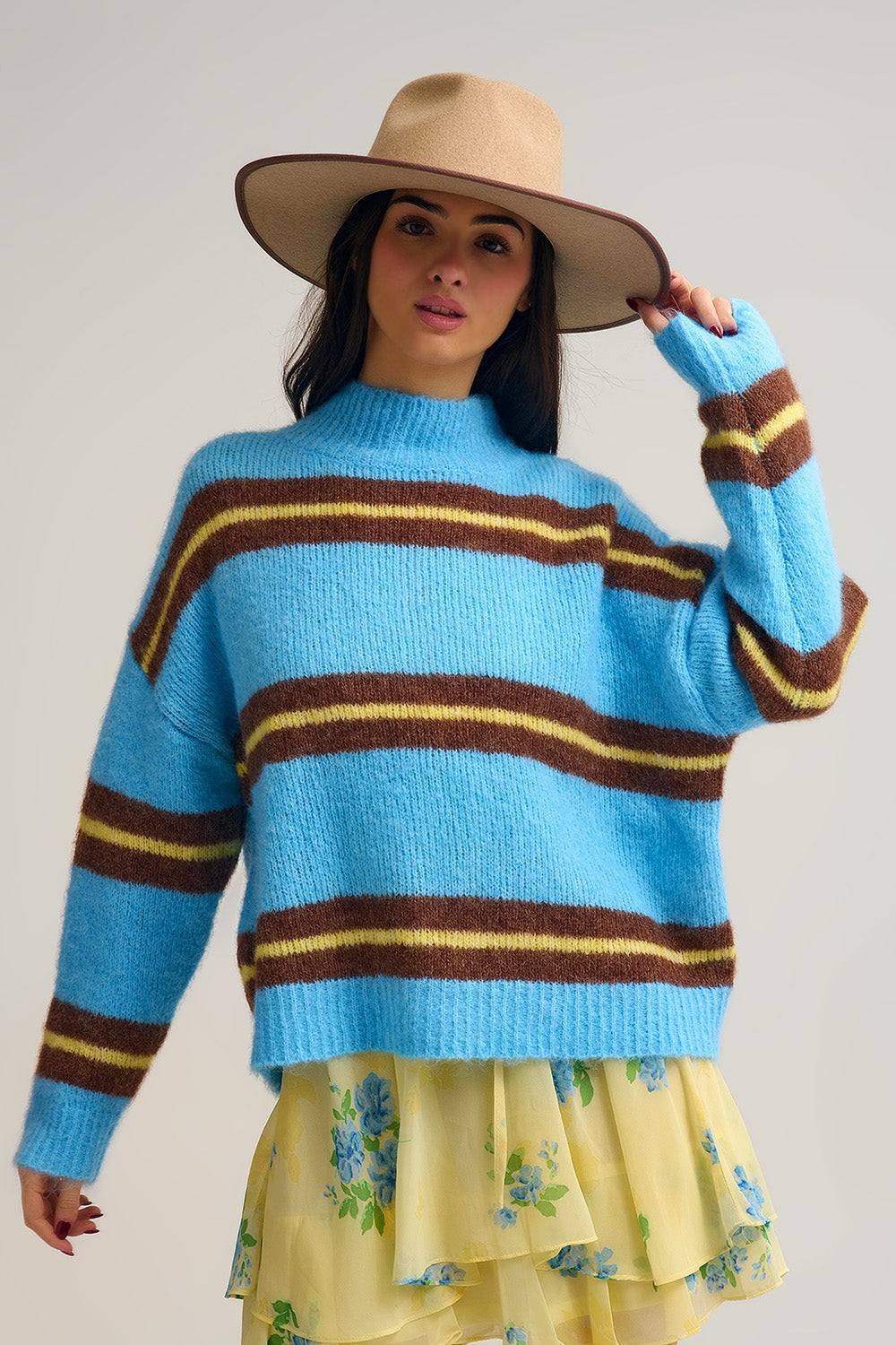 Blue Striped Knitted Sweater with Brown and Yellow Accents - Sweaters